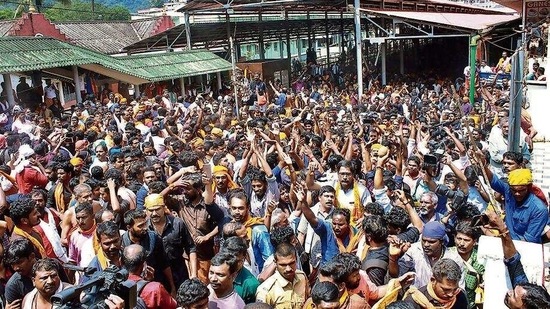 Protesters at the Sabarimala temple in October 2018. (PTI) Protesters at the Sabarimala temple in October 2018. (PTI)
