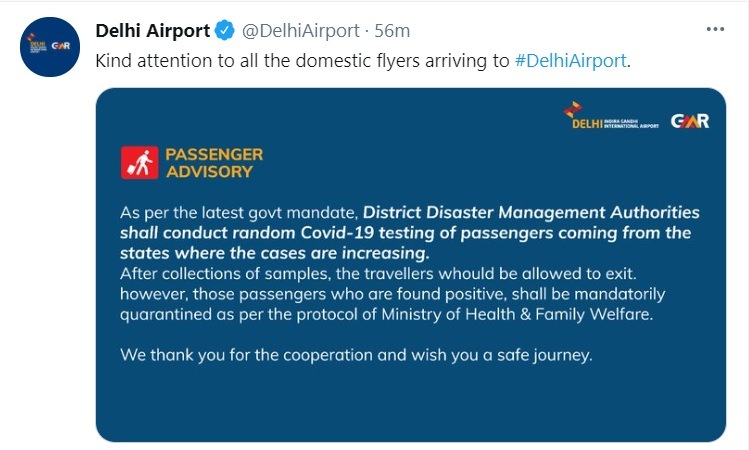 The tweet which was posted by Delhi airport on its official handle on Wednesday. The tweet which was posted by Delhi airport on its official handle on Wednesday.