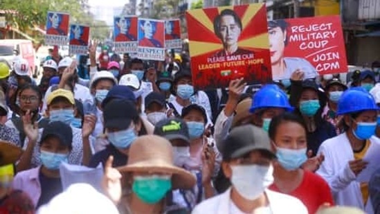 Myanmar has been rocked by protests since the army overthrew Suu Kyi's elected government on Feb. 1 citing unsubstantiated claims of fraud in a November election that her party swept. (AP) Myanmar has been rocked by protests since the army overthrew Suu Kyi's elected government on Feb. 1 citing unsubstantiated claims of fraud in a November election that her party swept. (AP)