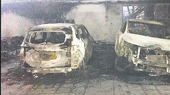 Five cars were burnt in the fire at the Renault Service Centre in Baner on March 31. (HT PHOTO) Five cars were burnt in the fire at the Renault Service Centre in Baner on March 31. (HT PHOTO)