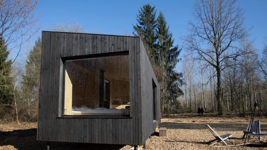 Sepasang suami istri berjalan-jalan di hutan dekat Slow Cabin di Zandbergen, Belgia, Minggu, 28 Februari 2021. (AP)