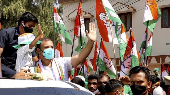 Congress leader Rahul Gandhi during an election campaign ahead of the Kerala assembly polls in Mananthavady on Thursday. (PTI PHOTO.) Congress leader Rahul Gandhi during an election campaign ahead of the Kerala assembly polls in Mananthavady on Thursday. (PTI PHOTO.)