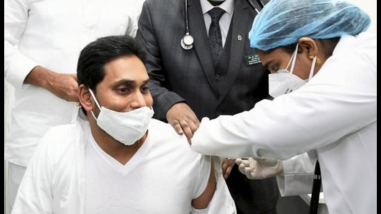 AP CM YS Jagan being administered Covid-19 vaccine during the third phase of the countrywide inoculation drive, on Thursday, April 1. (PTI) AP CM YS Jagan being administered Covid-19 vaccine during the third phase of the countrywide inoculation drive, on Thursday, April 1. (PTI)