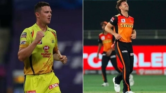 CSK's Josh Hazlewood (L), SRH's Mitchell Marsh (R)(HT Collage)