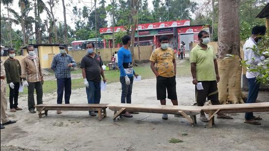 Voters queuing outside a polling station in Darrang district in Assam on Thursday. (Photo: CEO Assam) Voters queuing outside a polling station in Darrang district in Assam on Thursday. (Photo: CEO Assam)