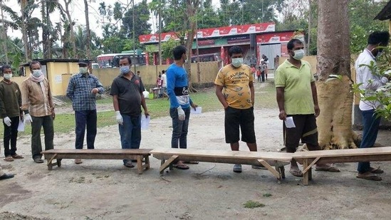 Voters queuing outside a polling station in Darrang district in Assam on Thursday. (Photo: CEO Assam) (HT_PRINT) Voters queuing outside a polling station in Darrang district in Assam on Thursday. (Photo: CEO Assam) (HT_PRINT)