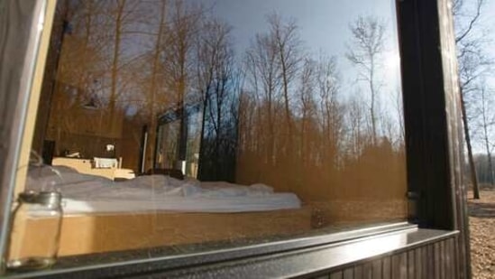 Pepohonan tercermin dalam jendela bergambar di area tidur di Slow Cabin di Zandbergen, Belgia, Minggu, 28 Februari 2021. (AP)