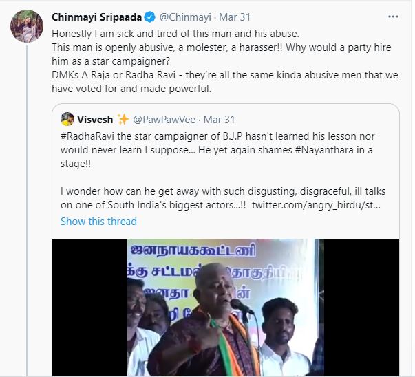 Here's Chinmayi's reaction to Radha Ravi's latest outburst. Here's Chinmayi's reaction to Radha Ravi's latest outburst.