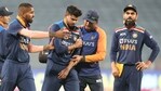 India's Shreyas Iyer, center, walks off the field after injuring himself.(AP)