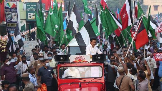 Stalin’s rally in Kolathur, Chennai, on Thursday. (Photo: DMK)