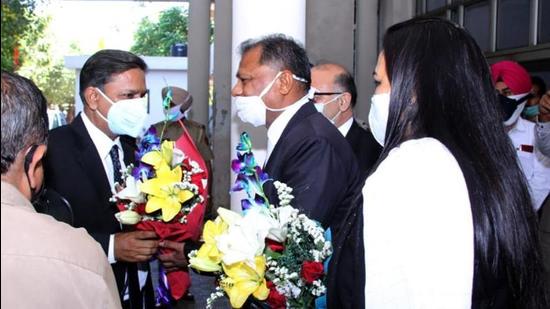 District and sessions judge Muniesh Singal being welcomed in Ludhiana on Friday. (HT Photo)