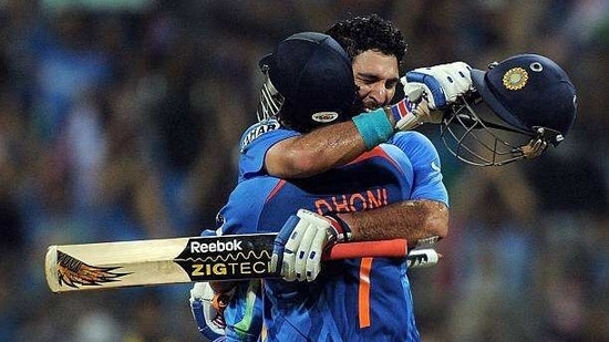 Yuvraj Singh celebrates with MS Dhoni after India won the 2011 ODI World Cup