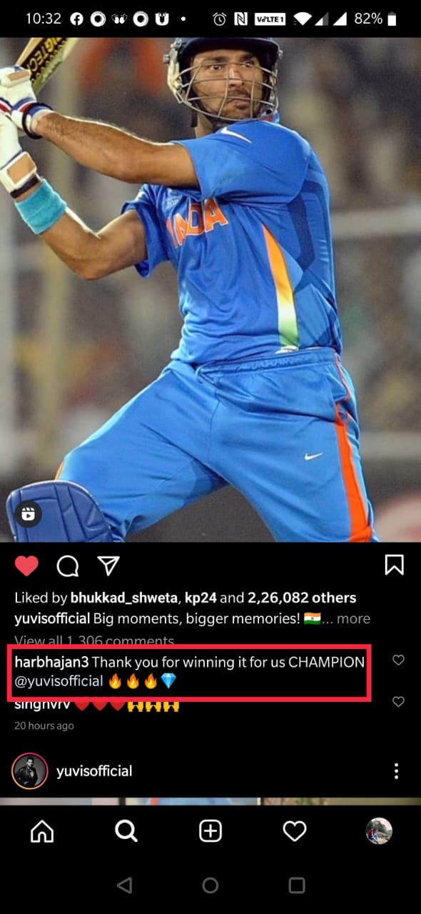 Harbhajan Singh's comment on Yuvraj Singh's Instagram video Harbhajan Singh's comment on Yuvraj Singh's Instagram video