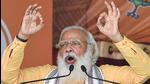 Prime Minister Narendra Modi addresses an election rally ahead of the third phase of assembly polls, in Hooghly district on Saturday. (PTI PHOTO.)