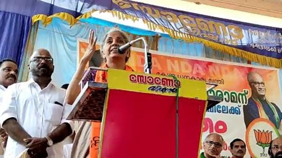 Union finance minister Nirmala Sitharaman addresses an election rally in Kuthuparamba, Kerala. (ANI Photo)