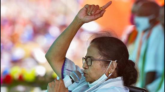 West Bengal CM and TMC chief Mamata Banerjee addresses an election rally for the ongoing assembly polls, in Canning on Saturday. (PTI PHOTO.)