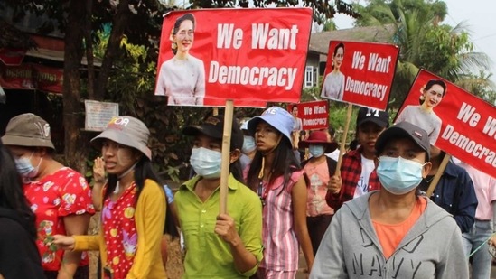 A pro-democracy and anti-coup protest march in Myanmar A pro-democracy and anti-coup protest march in Myanmar