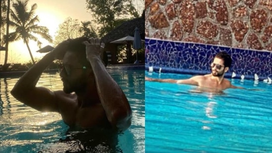 Shahid Kapoor poses in a pool with his sunglasses on. 