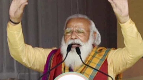 Baksa: Prime Minister Narendra Modi addresses a public rally ahead of third phase of Assam Assembly Elections 2021, in Baksa district, Saturday, April 3, 2021. (PTI Photo)(PTI04_03_2021_000019A) (PTI)