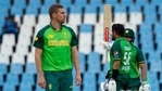 Pakistan's captain Babar Azam, right, raises his bat to celebrate scoring a century during the One Day International cricket match between South Africa and Pakistan at Centurion Park in Pretoria.(AP) Pakistan's captain Babar Azam, right, raises his bat to celebrate scoring a century during the One Day International cricket match between South Africa and Pakistan at Centurion Park in Pretoria.(AP)