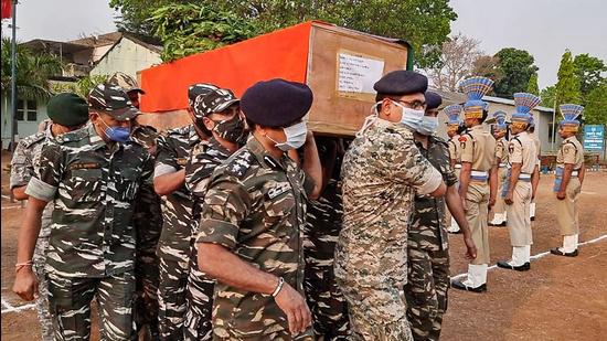 CRPF personnel carry the coffin of a paramilitary soldier who lost his life in an encounter with Maoists in Bijapur district of Chhattisgarh. (PTI) CRPF personnel carry the coffin of a paramilitary soldier who lost his life in an encounter with Maoists in Bijapur district of Chhattisgarh. (PTI)
