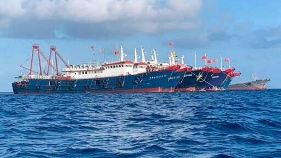 Chinese vessels are moored at Whitsun Reef, South China Sea on March 27, 2021. (via AP) Chinese vessels are moored at Whitsun Reef, South China Sea on March 27, 2021. (via AP)