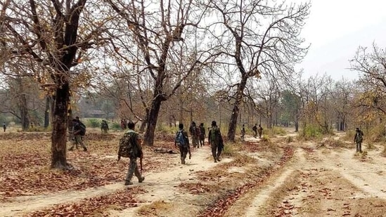 Security force personnel patrol after an attack by Maoist fighters in Bijapur in the central state of Chhattisgarh.(REUTERS)