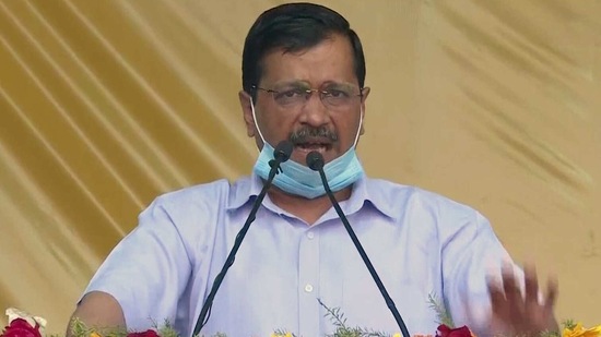 Delhi Chief Minister Arvind Kejriwal addresses during the inauguration of laying process of sewage system project, at Kirar in New Delhi on Sunday. (ANI Photo)