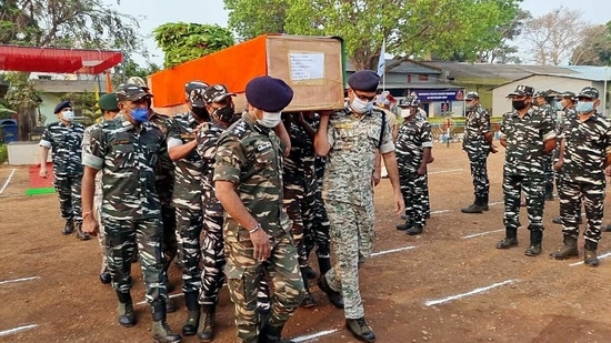 The body of a CRPF jawan, who lost his life in an encounter with Naxals in Sukma, was brought to Jagdalpur on Sunday.(ANI Photo)