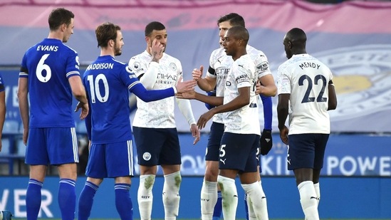 Leicester and Manchester City players after the English Premier League match. (AP)