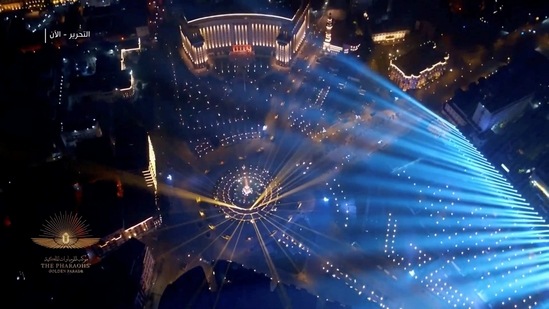 An aerial view of the Pharaohs’ Golden Parade in Cairo on April 3. "We chose the Civilization Museum because we want, for the first time, to display the mummies in a civilized manner, an educated manner, and not for amusement as they were in the Egyptian Museum," Egyptian archaeologist Zahi Hawass told Reuters.(Host Broadcaster via REUTERS)