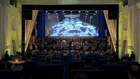 A musical ensemble performs during the Pharaohs’ Golden Parade programme in Cairo on April 3. Fustat, the home of the new museum, was the site of Egypt's capital under the Umayyad dynasty after the Arab conquest.(Host Broadcaster via REUTERS )