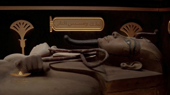 The mummy of Ramses II during the Pharaohs’ Golden Parade in Cairo on April 3. "By doing it like this, with great pomp and circumstance, the mummies are getting their due... These are the kings of Egypt, these are the pharaohs. And so, it is a way of showing respect," Salima Ikram, an Egyptologist at the American University in Cairo told Reuters.(Host Broadcaster via REUTERS)
