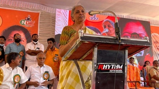 Finance minister Nirmala Sitharaman, who is on a two-day visit to the poll bound Kerala, has been actively campaigning to seek support for the Bharatiya Janata Party (BJP) candidates in the upcoming state assembly elections.(Twitter/@nsitharaman) Finance minister Nirmala Sitharaman, who is on a two-day visit to the poll bound Kerala, has been actively campaigning to seek support for the Bharatiya Janata Party (BJP) candidates in the upcoming state assembly elections.(Twitter/@nsitharaman)