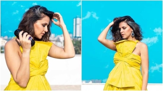 Neha Dhupia is making our weekend brighter in ₹40k gold-yellow evening gown  | Hindustan Times
