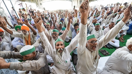 SKM held protests across mandis in the country on March 19 over FCI's new procurement norms (PTI Photo/Arun Sharma) (PTI) SKM held protests across mandis in the country on March 19 over FCI's new procurement norms (PTI Photo/Arun Sharma) (PTI)