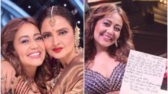 Neha Kakkar poses with Rekha on the Indian Idol 12 sets.