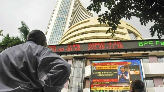 The stock market index on a display screen at the Bombay Stock Exchange (BSE) building in Mumbai. (PTI)