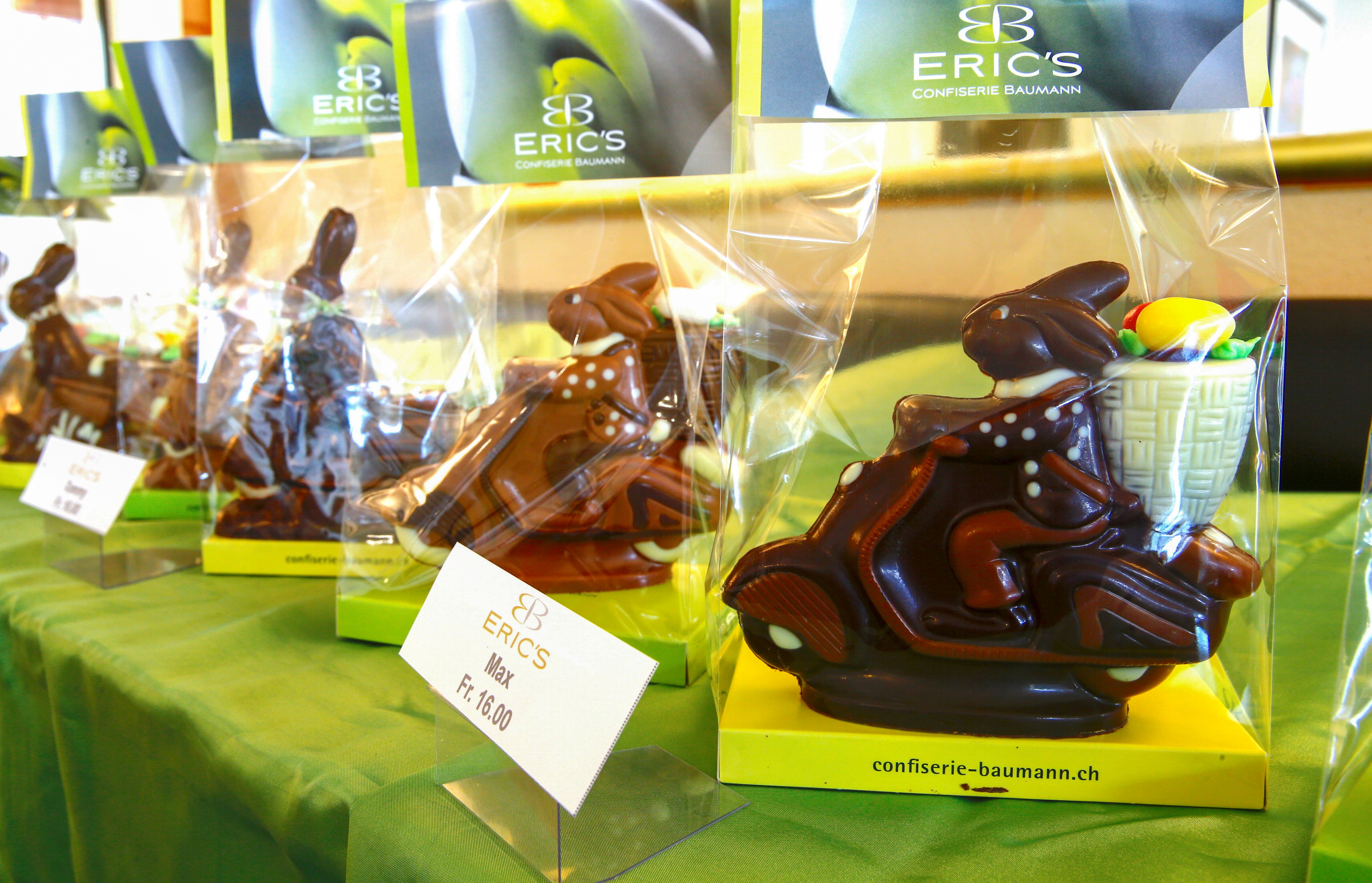 Chocolate Easter bunnies on scooters are displayed at Eric's Confiserie Baumann, as the spread of the coronavirus (COVID-19) continues, in Zurich, Switzerland (REUTERS)