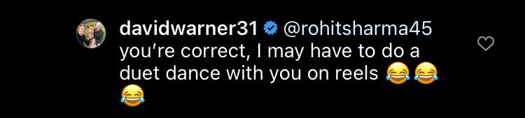The image shows David Warner's reply to Rohit Sharma. (Instagram/@davidwarner31)