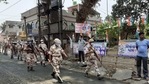 ITBP personnel march ahead of the third phase of West Bengal assembly elections, at Dakshin Barasat and Barlipur. ITBP personnel march ahead of the third phase of West Bengal assembly elections, at Dakshin Barasat and Barlipur.