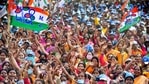 TMC supporters during West Bengal Chief Minister Mamata Banerjee's public meeting, at Singur in Hooghly district.(PTI)