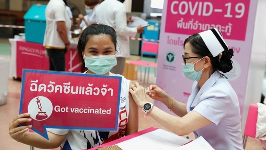 People receive the Sinovac Covid-19 vaccine as the Thai resort island of Phuket rushes to vaccinate its population amid the coronavirus disease (Covid-19) outbreak.(Reuters)
