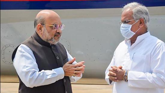 Union home minister Amit Shah and Chhattisgarh CM Bhupesh Baghel. (PTI)