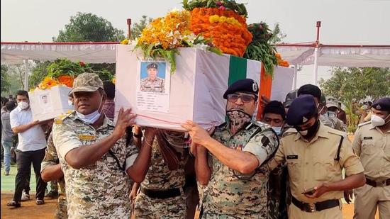 Security forces officers carry the coffin of a colleague who was killed in an attack by Maoist in Bijapur in Chhattisgarh. (REUTERS) Security forces officers carry the coffin of a colleague who was killed in an attack by Maoist in Bijapur in Chhattisgarh. (REUTERS)
