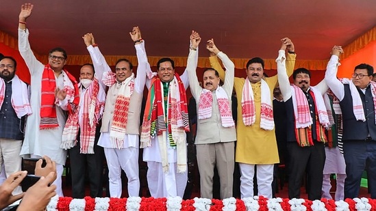 Himanta Biswa Sarma (4th from left) and BJP Assam chief Ranjeet Dass (3rd from right) will test their electoral fate in the third and final phase of the electoral polls. (PTI Photo)