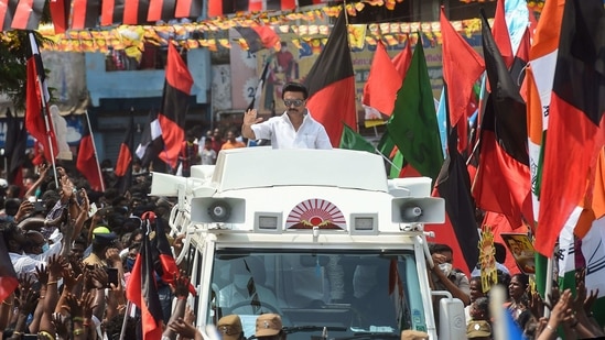 Dravida Munnetra Kazhagam (DMK) President MK Stalin during a roadshow in support of party Youth Wing leader and candidate from Chepauk-Thiruvallikeni constituency Udhayanidhi Stalin, ahead of Tamil Nadu Assembly Polls, in Chennai, Sunday, April 4, 2021. (PTI)