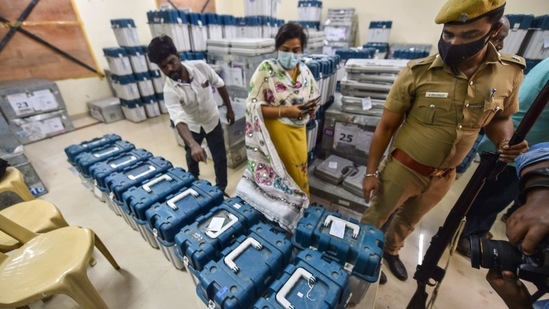 Polling officials check Electronic Voting Machines (EVMs) and other necessary inputs required for the TN Assembly elections, at a distribution centre in Chennai. (PTI) Polling officials check Electronic Voting Machines (EVMs) and other necessary inputs required for the TN Assembly elections, at a distribution centre in Chennai. (PTI)
