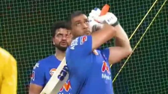 MS Dhoni launches one into the night sky during CSK nets. (Screengrab/Twitter)