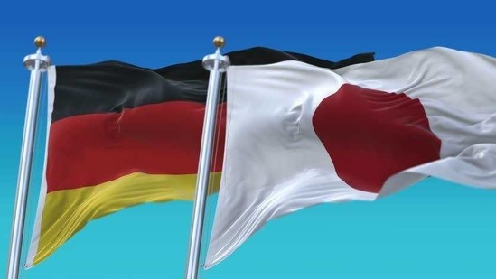 Flags of Japan and Germany are seen